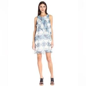 Bcbgeneration blue white china print tank mini dress sz S sheer ruffle